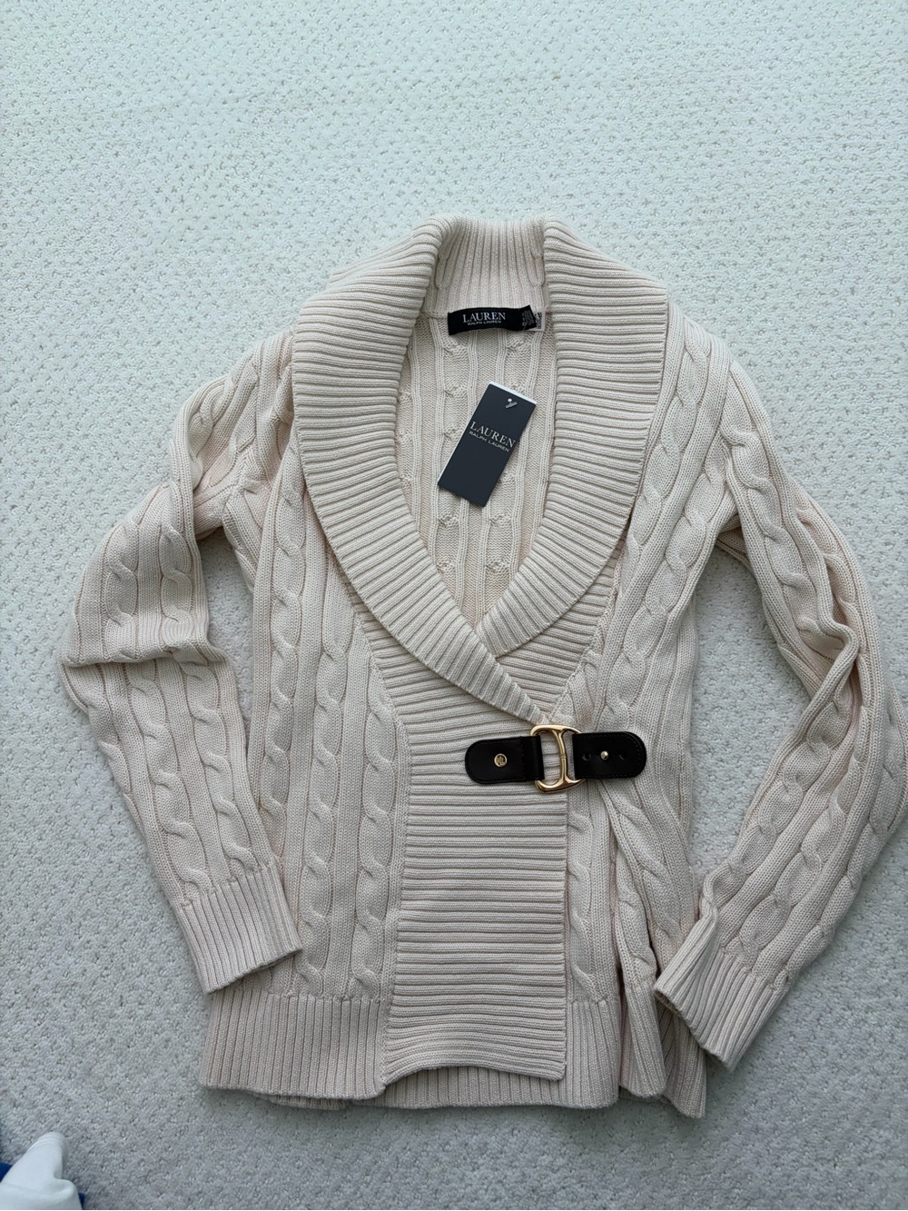 Lauren Ralph Lauren Cream Cable-Knit Shawl Collar Sweater NWT NEW Women’s XS